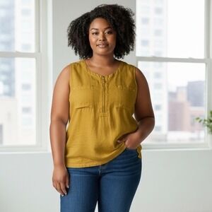 Ellen Tracy Women XL Yellow 100% Linen Sleeveless Zip Front Pocket Shirt Top